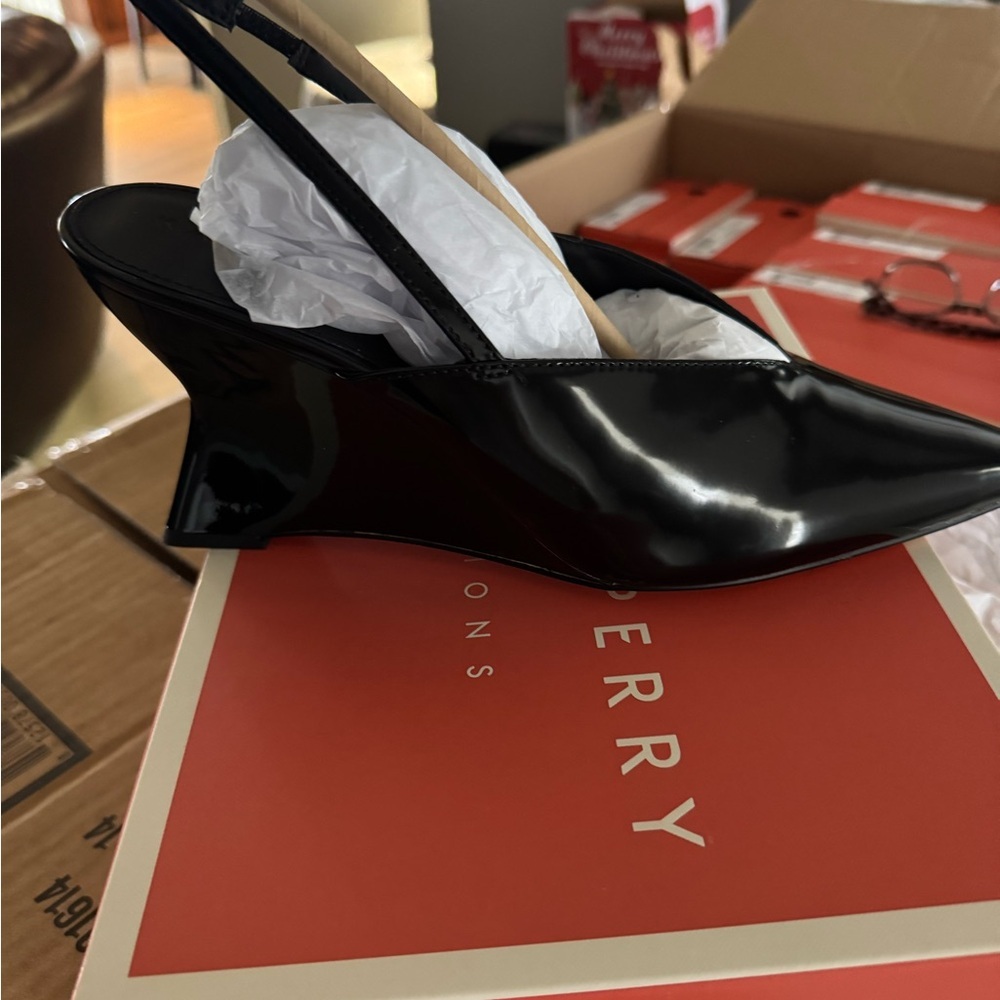 Black Patent Slingback Pointed-Toe Wedge Pump